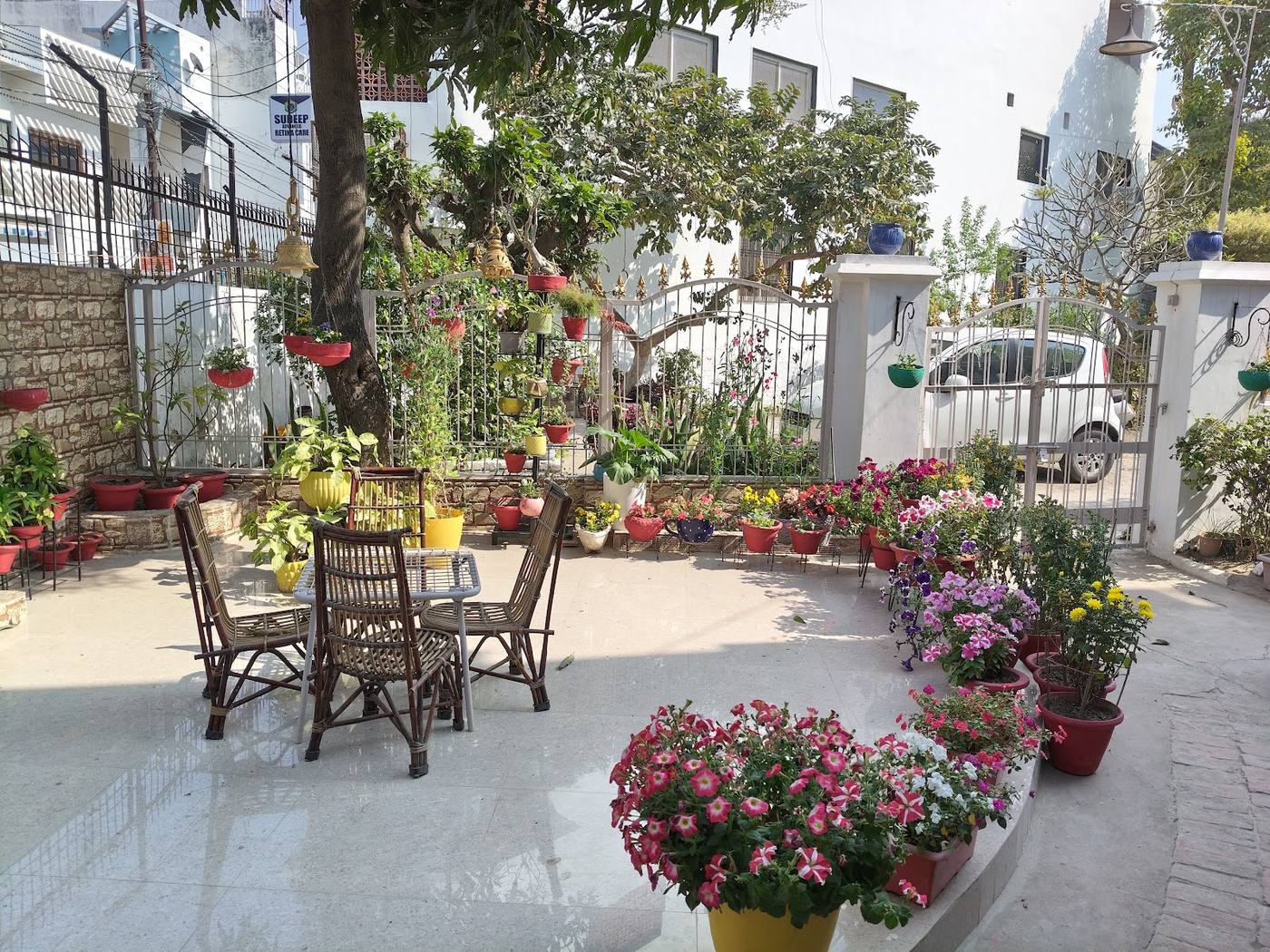 Cane chairs and a table in the courtyard, among flowers