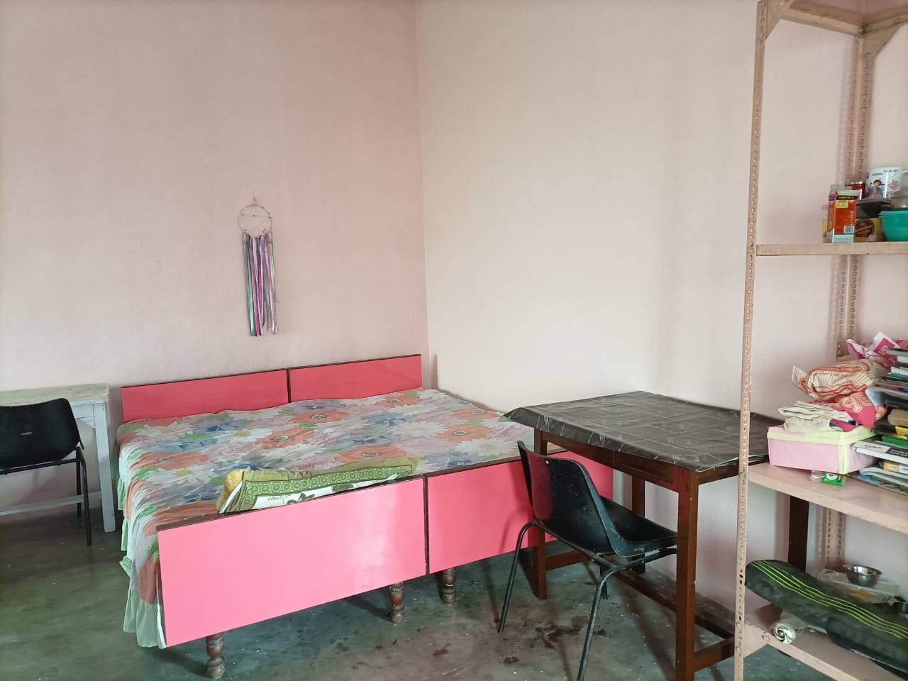 Room with a pink bed, a study table and shelves